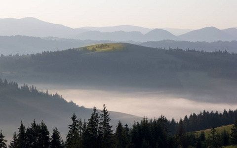 晨雾在山中日出。乌克兰卡帕西亚
