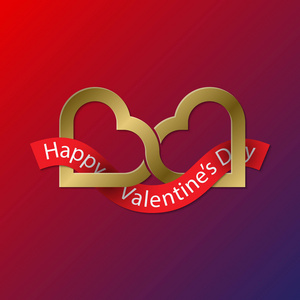 快乐情人节金色象征着两个相连的红心红丝带。贺卡设计的创意标志
