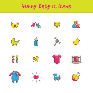 矢量轮廓多彩 16 宝贝图标设置搞笑风格。新生儿的主题符号集合