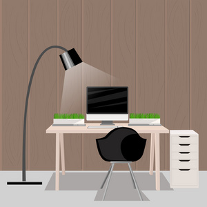 工作地方现代办公室室内平面设计矢量图计算机桌面工作场所概念工作场所的理念。现代家庭办公室