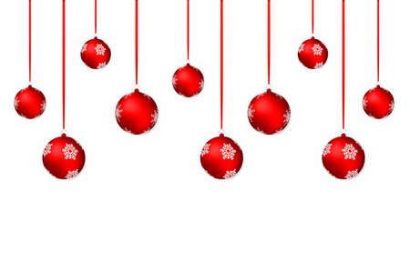 圣诞背景。白色节日背景与红色圣诞节球和丝带