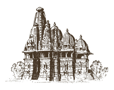 印度建筑的地标, 传统的宗教印度教寺庙。刻在旧素描, 老式风格的手画。孟买, 班加罗尔, 艾哈迈达巴德
