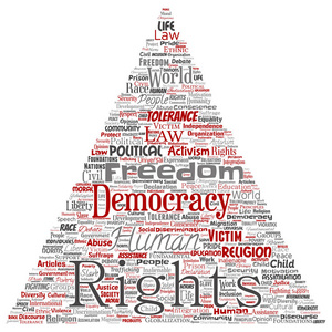 矢量概念人权政治自由, 民主三角箭字云孤立背景。人文宽容法律原则人的正义或歧视概念的拼贴画