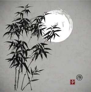 竹树和月亮图片