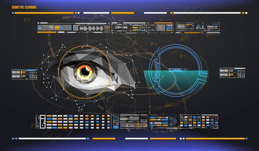 眼睛在扫描过程中。生物特征扫描与未来的界面。访问中的控制和安全。监控系统, 身临其境技术