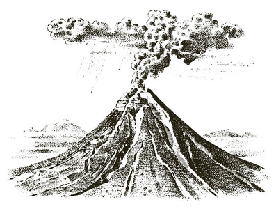 火山活动与岩浆烟雾在喷发之前和熔岩或自然灾害。旅行探险山风景。手绘旧素描, 复古风格