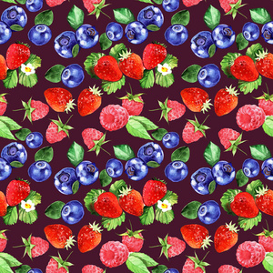 蓝莓, 覆盆子, strowberry 无缝图案。水彩