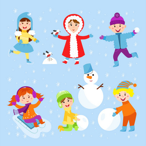 圣诞节孩子们玩冬季游戏孩子们玩雪球卡通新年假期矢量字符插图照片