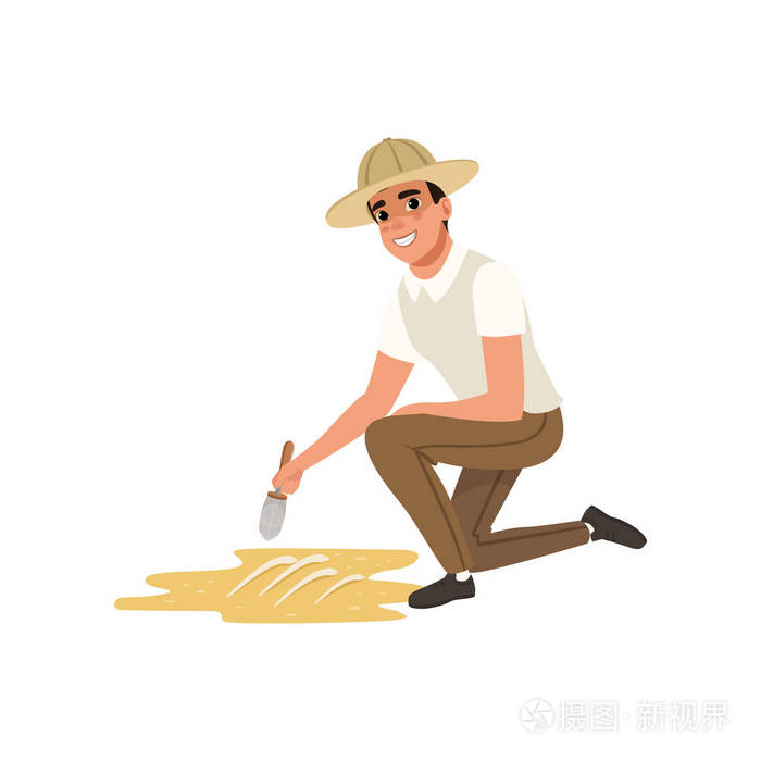 卡通古生物学家用小刷子.男的穿着衬衫, 裤子和考古学家的帽子.