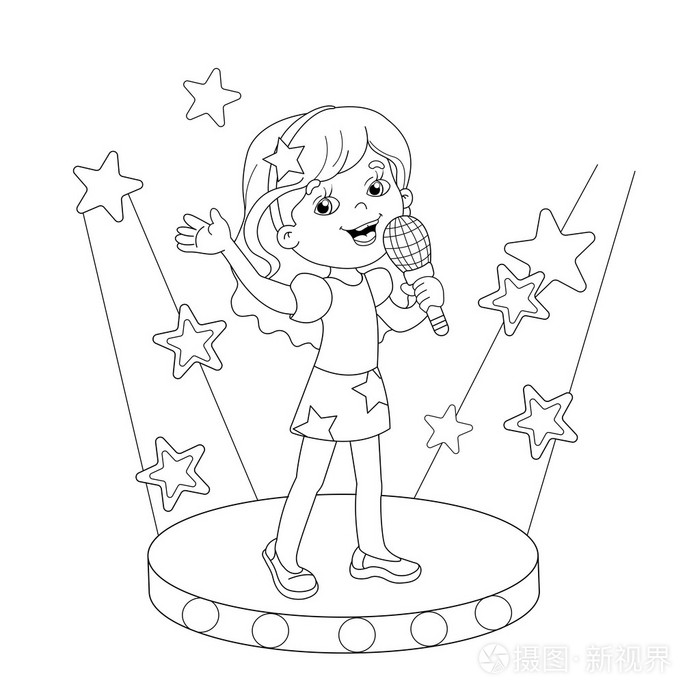 女孩在舞台上唱一首歌的着色页轮廓插画-正版商用图片