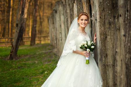 新娘在惊人的秋天的树林