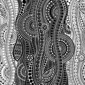 民族花 zentangle 矢量涂鸦背景图案。指甲花佩斯利海蒂涂鸦设计部落的设计元素。黑色和白色图案为着色书为成人和孩子们