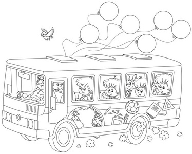 小孩子乘坐校车的贴纸和气球