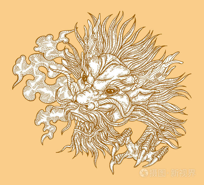 矢量插画传统中国龙面具.版画的详细设计