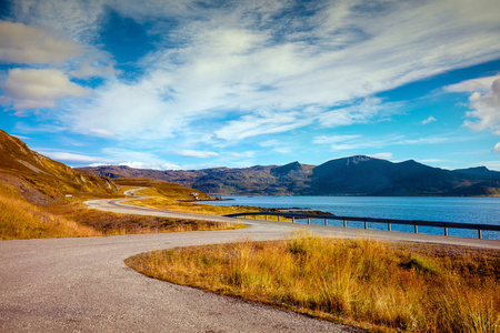 有多云贝伊的峡湾。洛基岸。美丽的自然挪威。Mageroya 岛