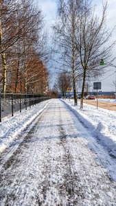 这条小路是从雪地里清理出来的, 冬天, 城市的沥青上的积雪被清除了。为路人扫清道路