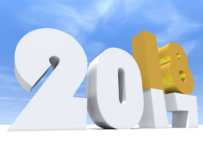 2018白色和黄色黄金抽象新年前夕, 节日符号或数字在2017文本, 白色雪和天空背景。时间庆祝季节变化或未来隐喻希望3d 插图