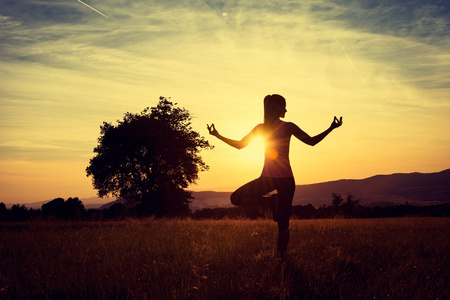 年轻运动女人练瑜伽在草甸在落日下的剪影