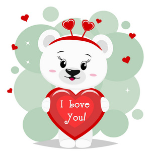 可爱的北极熊在红色的弓是值得的, 并保持在一个红色的心脏的离合器题词, 在漫画的风格