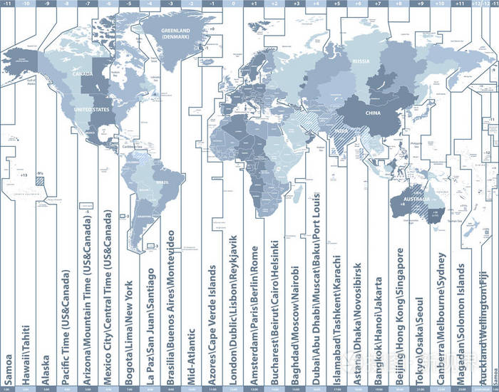 世界时区矢量地图与国家名称和边界