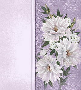 古老的明信片。旧样式。在柔和的背景，邀请卡上的白色和粉红色大丽花的花束