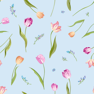花卉无缝图案与水彩郁金香。春天的背景与开花的花朵, 为面料, 墙纸, 海报, 横幅。矢量插图