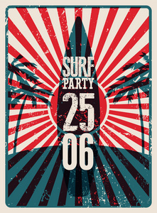 排版冲浪海滩聚会 grunge 复古海报设计。矢量图