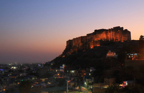 Mehrangarh 的历史建筑日落观印度