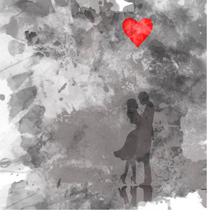 爱情情侣的浪漫剪影。情人节2月14日。快乐的恋人。矢量插图, 水彩风格