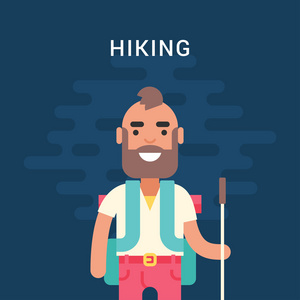 徒步旅行概念。 带着背包和高跷的满脸胡须的年轻人