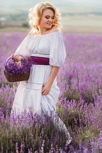 美丽的女人在一片盛开的薰衣草的田野里