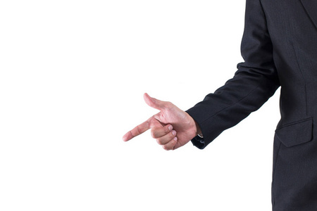商人穿黑色西装手指着左边的东西或触摸触摸屏在白色背景下隔离。作为商业概念, 技术, 数字, 图形, Golography 的使用