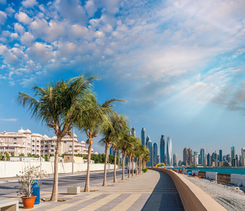 建筑物在水面在迪拜码头，阿拉伯联合酋长国