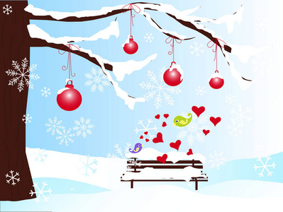 冬季浪漫的背景与圣诞树, 长凳, 红色的球在雪地里, 心, 紫罗兰和绿色的爱鸟, 雪花在蓝色的股票矢量插图