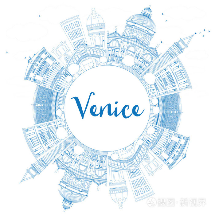 与蓝色建筑物轮廓威尼斯天际线剪影