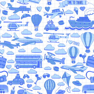 旅行和运输车飞机直升机气球船矢量涂鸦集