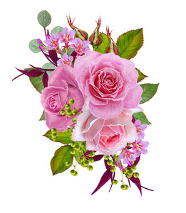 花卉背景。花束, 组成的花朵, 柔和的粉红色玫瑰, 浆果, 树枝, 叶子。贺卡, 请柬, 名片。在白色背景上被隔离