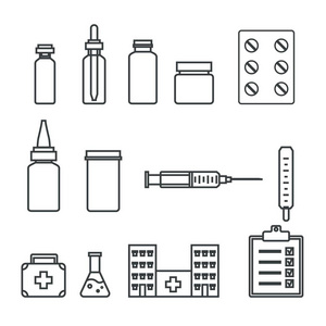 医学线性图标设置。药品, 药片, 医院, 注射器, 温度计。矢量 illlustration