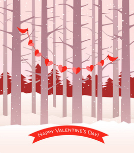 快乐的情人节设计与2大是大非的鸟在冬天森林里捧着一串红心