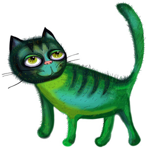 在白色背景上的卡通风格可爱绿色猫咪