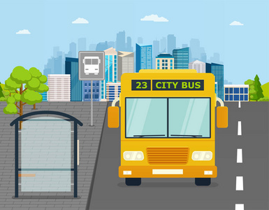 巴士在公共汽车站上的城市背景图片