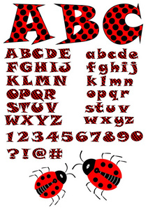 瓢虫风格，大写和小写字母字母在红色和黑色的设计 数字 问题和感叹号和两个瓢虫此外