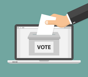 投票在线概念。手票箱内的选票放笔记本电脑的屏幕。平面样式