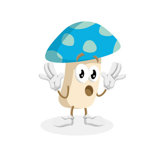 蘑菇吉祥物和背景惊喜的姿势与平面设计风格为您的吉祥物品牌