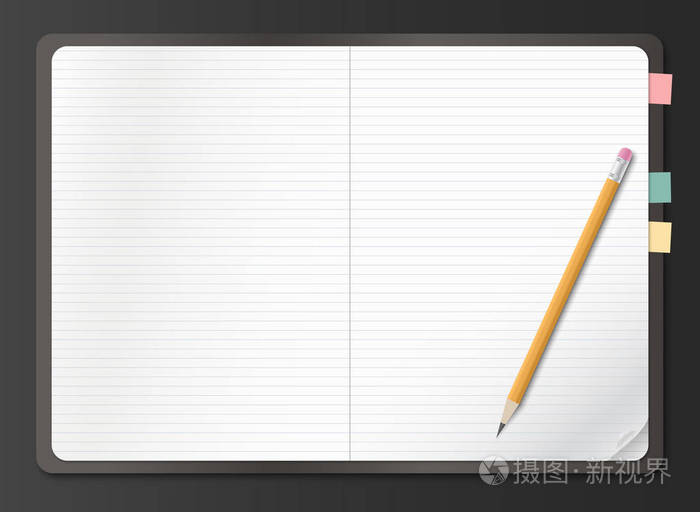 逼真的笔记本, 在黑色背景上配有铅笔的白纸.矢量插图