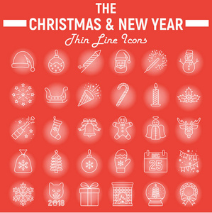 圣诞线图标集, 新年符号收集, 矢量草图, 标志插图, 假日标志线性象形图包在红色背景上隔离, eps 10