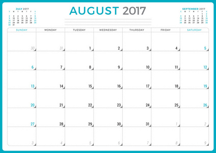 2017年日历规划师。 矢量设计模板。 八月。