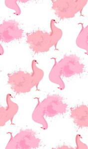 与水彩飞溅的粉红色鸽子无缝纹理。包装纸, 织物, 背景和你的创造力的矢量模式