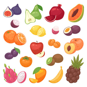 水果矢量果味苹果香蕉和异国情调的木瓜与新鲜片热带 dragonfruit 或多汁橙插图卓有成效的设置隔离在白色背景上