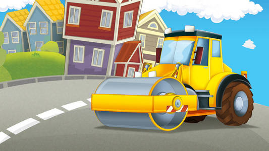 卡通路压路机卡车在城市例证为孩子